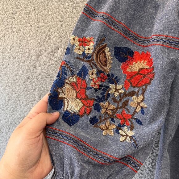 Chambray Light Blue Floral Embroidered OFF Shoulder Mini Dress Denim Cotton L - Picture 6 of 10